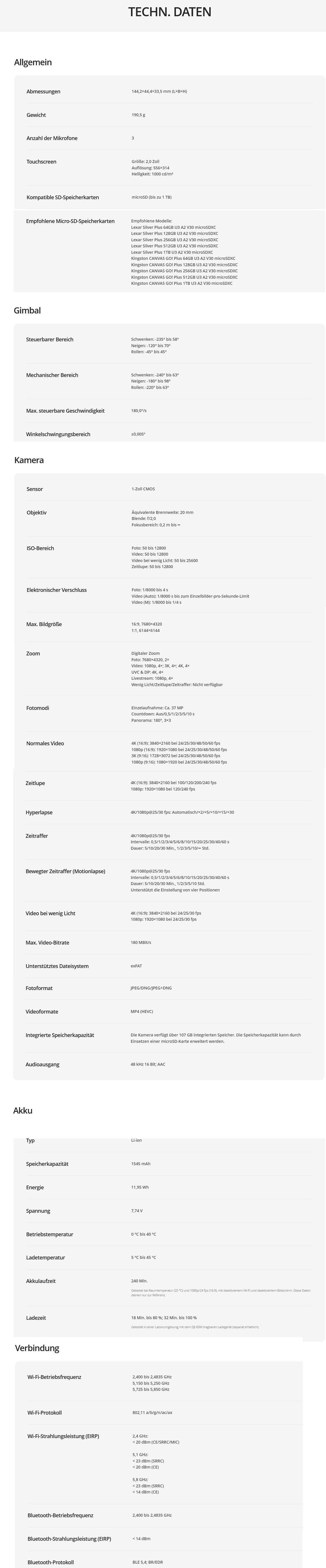 Pocket 4 Daten